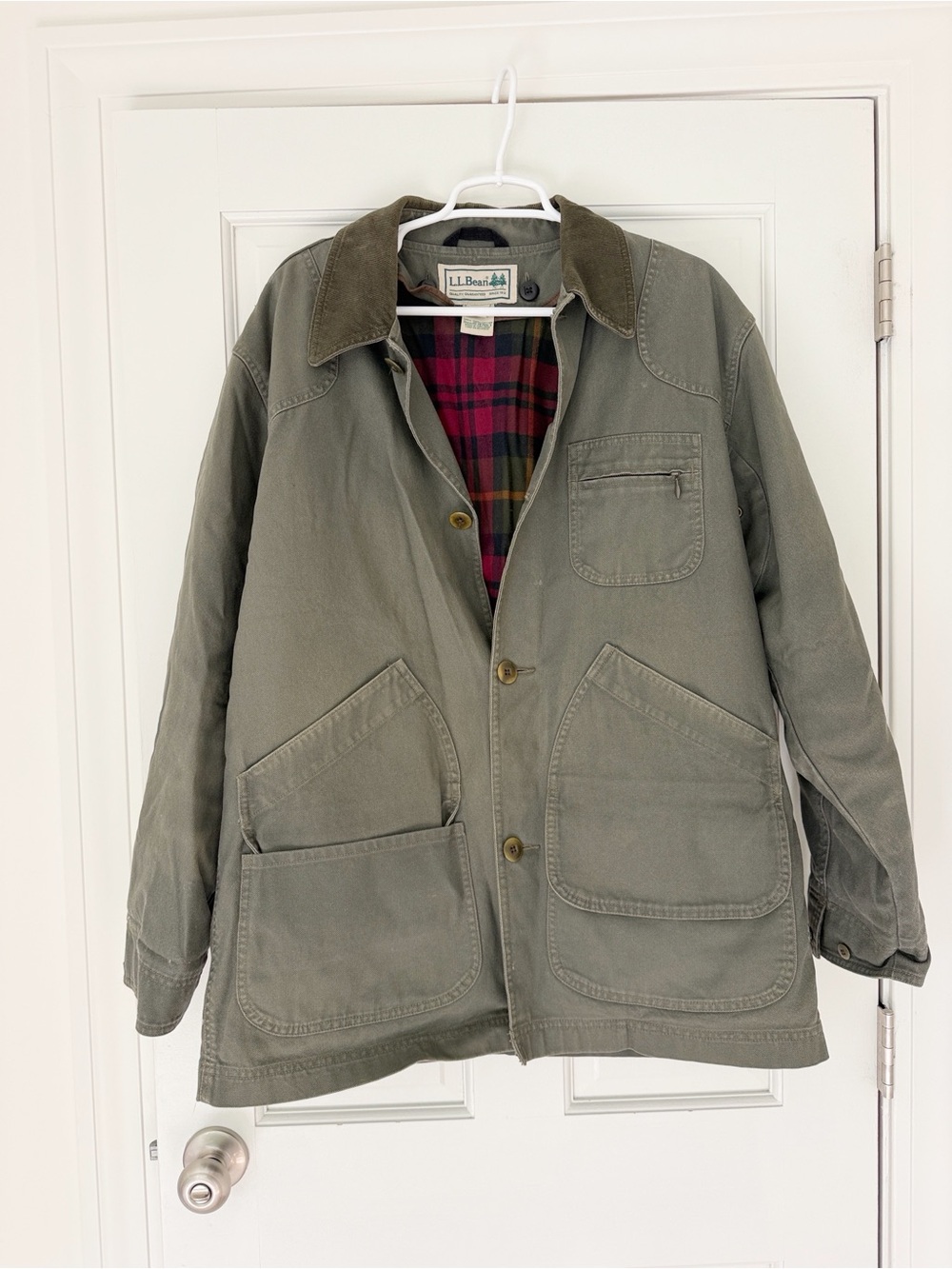L.L.BEAN field coat barn jacket size M green button front plaid flannel interior